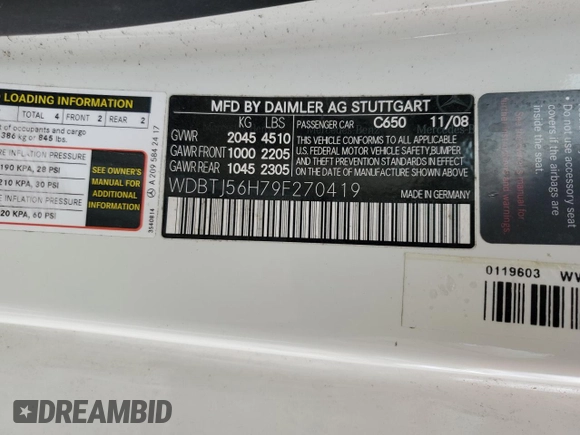 2009 Mercedes-Benz CLK 350 with VIN WDBTJ56H79F270419, listed as a Copart auction lot 78485844 with 88,726 mi miles and Salvage Title. Bid and sale history available at DreamBid. Image 12.