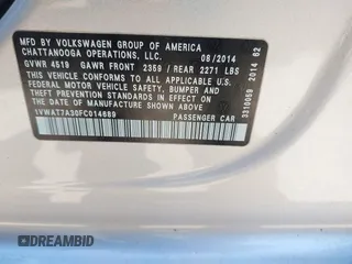 2015 Volkswagen Passat 1.8T Limited Edition with VIN 1VWAT7A30FC014689, listed as a IAAI auction lot 41758748 with 140,545 mi miles. Bid and sale history available at carsss.com. Image 9.