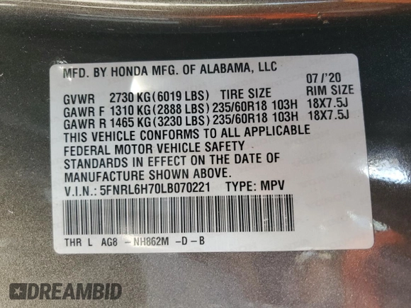 2020 Honda Odyssey EX-L with VIN 5FNRL6H70LB070221, listed as a Copart auction lot 53074615 with Not Provided miles and Salvage Title. Bid and sale history available at carsss.com. Image 12.