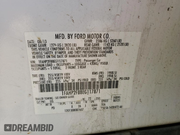 2014 Ford Taurus Limited with VIN 1FAHP2F88EG117871, listed as a Copart auction lot 52377095 with 166,699 mi miles and Clean Title. Bid and sale history available at DreamBid. Image 12.