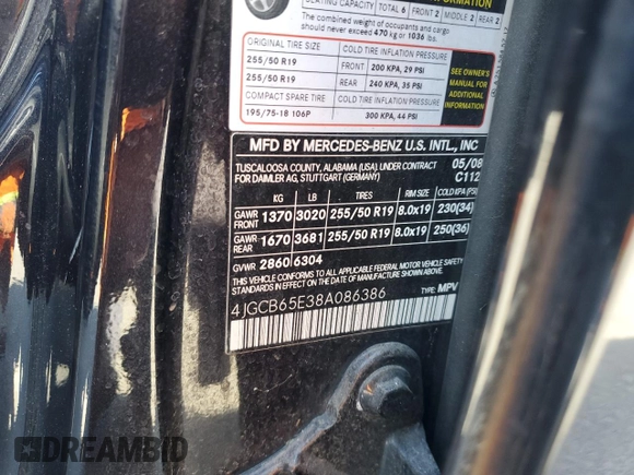 2008 Mercedes-Benz R 3.5L with VIN 4JGCB65E38A086386, listed as a Copart auction lot 66186324 with 209,722 mi miles and Clean Title. Bid and sale history available at DreamBid. Image 13.