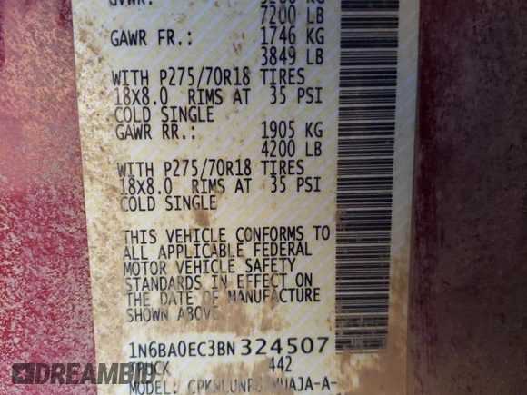 2011 Nissan Titan SL with VIN 1N6BA0EC3BN324507, listed as a Copart auction lot 44432595 with 188,346 mi miles and Salvage Title. Bid and sale history available at carsss.com. Image 12.