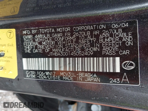 2004 Lexus ES 330 with VIN JTHBA30G145052409, listed as a IAAI auction lot 42180095 with 177,781 mi miles. Bid and sale history available at carsss.com. Image 9.