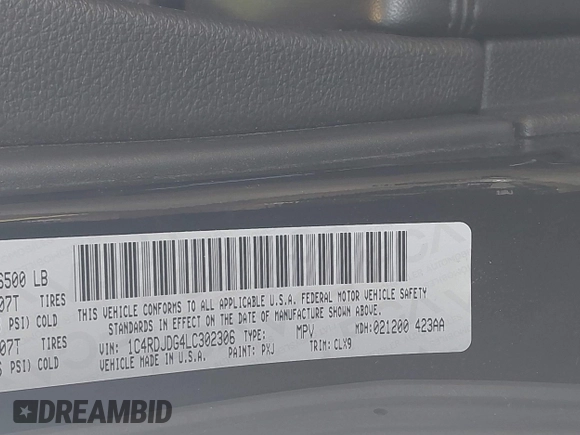 2020 Dodge Durango GT Plus with VIN 1C4RDJDG4LC302306, listed as a IAAI auction lot 42009755 with 47,208 mi miles and . Bid and sale history available at DreamBid. Image 9.