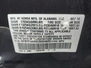 2012 Honda Pilot EX with VIN 5FNYF4H4XCB034825, listed as a IAAI auction lot 41974644 with 126,494 mi miles and . Bid and sale history available at DreamBid. Image 9.