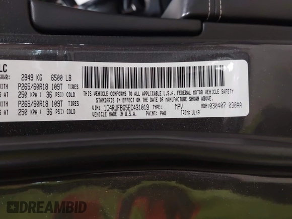 2014 Jeep Grand Cherokee Limited with VIN 1C4RJFBG5EC431019, listed as a IAAI auction lot 42402521 with 151,506 mi miles and . Bid and sale history available at DreamBid. Image 9.