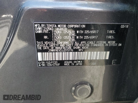 2018 Toyota RAV4 XLE with VIN JTMRFREV2JJ215776, listed as a Copart auction lot 51745205 with 52,009 mi miles and Salvage Title. Bid and sale history available at DreamBid. Image 13.