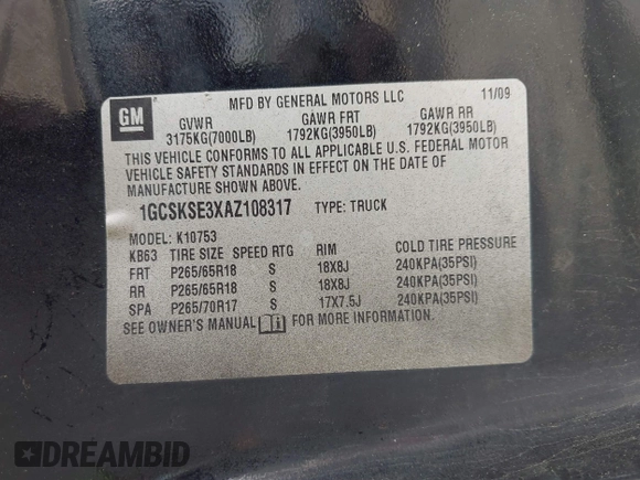 2010 Chevrolet Silverado 1500 LT with VIN 1GCSKSE39AZ110317, listed as a IAAI auction lot 42221533 with 296,468 mi miles and . Bid and sale history available at DreamBid. Image 9.