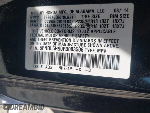 2015 Honda Odyssey Touring Elite with VIN 5FNRL5H90FB003506, listed as a IAAI auction lot 42585049 with 120,543 mi miles and . Bid and sale history available at DreamBid. Image 9.