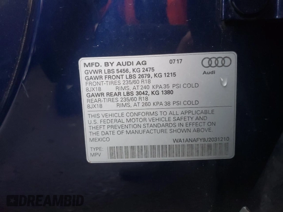 2018 Audi Q5 Premium with VIN WA1ANAFY9J2031210, listed as a Copart auction lot 32058362 with 53,367 mi miles. Bid and sale history available at carsss.com. Image 10.