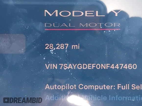 2022 Tesla Model Y Performance with VIN 7SAYGDEF0NF447460, listed as a IAAI auction lot 41670250 with 28,287 mi miles. Bid and sale history available at carsss.com. Image 16.