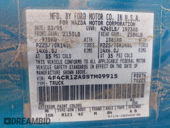 1995 Mazda B-Series Truck z VIN 4F4CR12A0STM09915, wystawiony jako IAAI lot #41773728 z przebiegiem 90 000 mil mil oraz . Historia ofert i sprzedaży dostępna na DreamBid. Obrazek 9.
