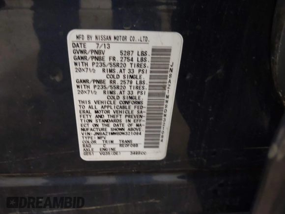 2013 Nissan Murano SV with VIN JN8AZ1MW8DW321094, listed as a IAAI auction lot 42077637 with 94,945 mi miles. Bid and sale history available at carsss.com. Image 9.