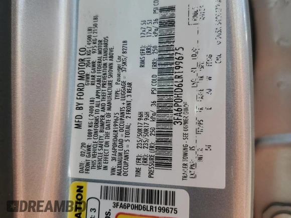 2020 Ford Fusion SE with VIN 3FA6P0HD6LR199675, listed as a Copart auction lot 57139435 with 38,099 mi miles and Salvage title. Bid and sale history available at DreamBid. Image 12.