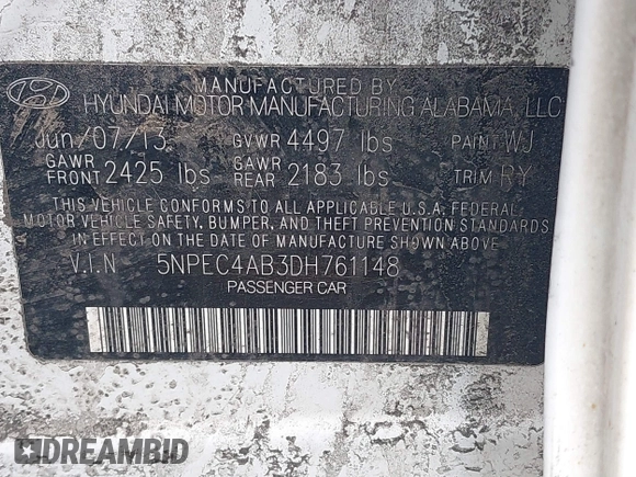 2013 Hyundai Sonata Limited with VIN 5NPEC4AB3DH761148, listed as a IAAI auction lot 41859914 with 168,305 mi miles and . Bid and sale history available at DreamBid. Image 9.