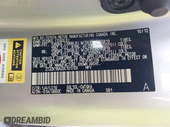 2013 Lexus RX 350 с VIN 2T2ZK1BA2DC101769, выставлен на аукционе IAAI как лот 42689812 с пробегом 173 979 миль миль и . История ставок и продаж доступна на DreamBid. Изображение 9.