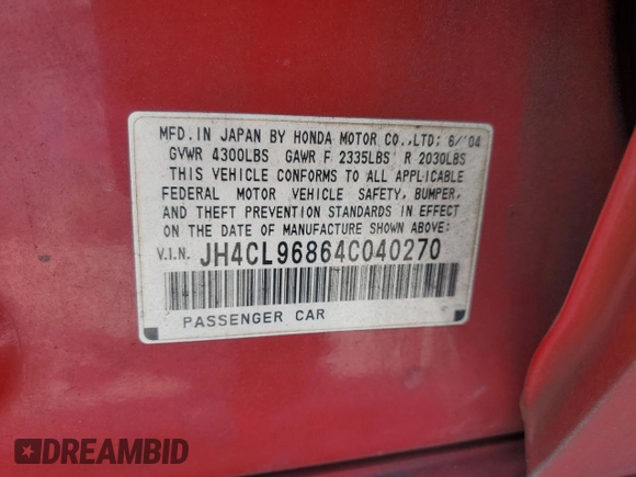 2004 Acura TSX with VIN JH4CL96864C040270, listed as a Copart auction lot 54539005 with 237,363 mi miles and Salvage title. Bid and sale history available at DreamBid. Image 12.