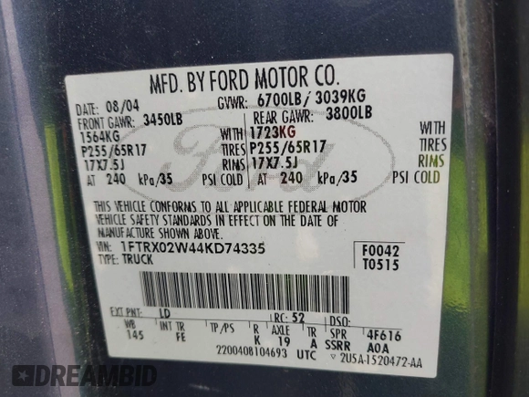 2004 Ford F-150 STX with VIN 1FTRX02W44KD74335, listed as a IAAI auction lot 41681835 with 218,578 mi miles and . Bid and sale history available at DreamBid. Image 9.