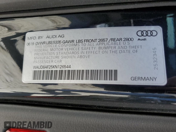 2019 Audi A6 Premium with VIN WAUD8AF25KN126544, listed as a Copart auction lot 72738394 with 70,912 mi miles and Salvage Title. Bid and sale history available at carsss.com. Image 12.
