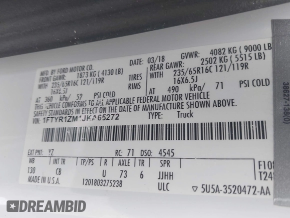 2018 Ford Transit with VIN 1FTYR1ZM1JKA65272, listed as a IAAI auction lot 41697964 with Not provided miles and . Bid and sale history available at DreamBid. Image 9.