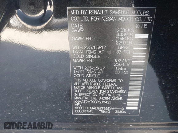 2016 Nissan Rogue SV with VIN KNMAT2MT9GP608421, listed as a IAAI auction lot 41646149 with 69,370 mi miles and . Bid and sale history available at DreamBid. Image 9.