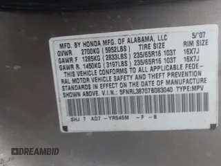 2007 Honda Odyssey EX-L with VIN 5FNRL38707B083040, listed as a IAAI auction lot 41624797 with 256,475 mi miles. Bid and sale history available at carsss.com. Image 9.