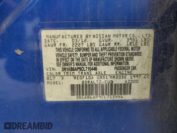 2012 Nissan Sentra SR with VIN 3N1AB6AP9CL715446, listed as a Copart auction lot 53681755 with 135,578 mi miles and Salvage Title. Bid and sale history available at DreamBid. Image 13.