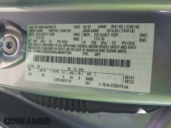 2022 Ford Escape SE with VIN 1FMCU9G6XNUB66750, listed as a IAAI auction lot 41987283 with 25,816 mi miles and . Bid and sale history available at DreamBid. Image 9.