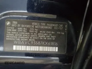 2007 BMW 3 Series 328xi with VIN WBAVC93587KX61816, listed as a Copart auction lot 88712135 with 0 mi miles and Salvage Title. Bid and sale history available at carsss.com. Image 13.