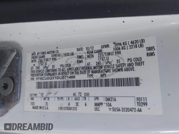 2013 Ford Escape SE with VIN 1FMCU0GX1DUB71466, listed as a IAAI auction lot 42329136 with 103,763 mi miles and . Bid and sale history available at DreamBid. Image 9.