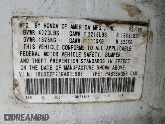2016 Acura ILX Premium z VIN 19UDE2F73GA000986, wystawiony jako Copart lot #54343925 z przebiegiem 117 765 mil mil oraz Szkoda całkowita • Salvage title. Historia ofert i sprzedaży dostępna na DreamBid. Obrazek 12.