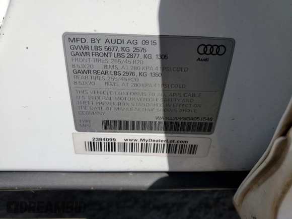 2016 Audi SQ5 Premium Plus with VIN WA1CCAFP8GA051548, listed as a Copart auction lot 51496184 with 107,285 mi miles. Bid and sale history available at carsss.com. Image 12.