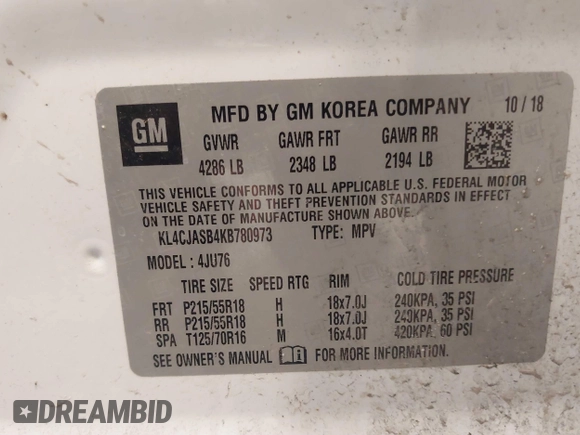 2019 Buick Encore Preferred with VIN KL4CJASB4KB780973, listed as a IAAI auction lot 41697404 with 62,421 mi miles and . Bid and sale history available at DreamBid. Image 9.