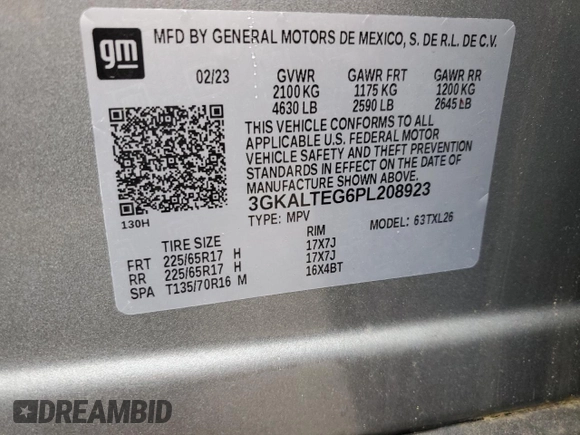 2023 GMC Terrain SLE with VIN 3GKALTEG6PL208923, listed as a Copart auction lot 60535645 with 18,225 mi miles and Salvage title. Bid and sale history available at DreamBid. Image 13.