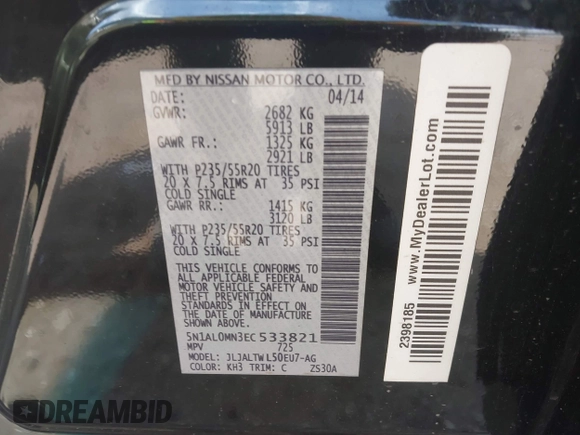 2014 Infiniti QX60 with VIN 5N1AL0MN3EC533821, listed as a IAAI auction lot 42175446 with 161,369 mi miles and . Bid and sale history available at DreamBid. Image 9.