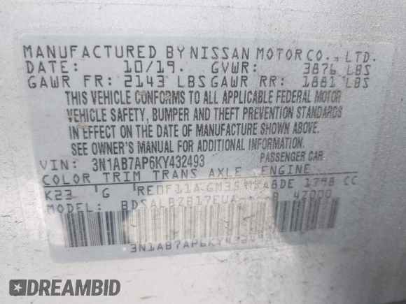 2019 Nissan Sentra S with VIN 3N1AB7AP6KY432493, listed as a IAAI auction lot 41892026 with 72,100 mi miles. Bid and sale history available at carsss.com. Image 9.