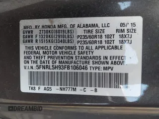2015 Honda Odyssey Touring Elite with VIN 5FNRL5H93FB106046, listed as a IAAI auction lot 42492096 with 197,575 mi miles and . Bid and sale history available at DreamBid. Image 9.