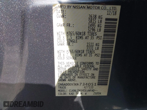 2019 Nissan Frontier SV with VIN 1N6AD0EV3KN734051, listed as a IAAI auction lot 42267554 with 60,310 mi miles and . Bid and sale history available at DreamBid. Image 9.