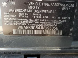 2018 BMW 3 Series 330i with VIN WBA8B9G54JNU95856, listed as a Copart auction lot 58526465 with 93,746 mi miles and Salvage title. Bid and sale history available at DreamBid. Image 13.