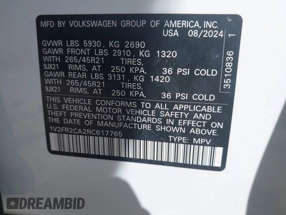 2024 Volkswagen Atlas SEL Premium R-Line with VIN 1V2FR2CA2RC617765, listed as a IAAI auction lot 41990546 with 15,098 mi miles and . Bid and sale history available at DreamBid. Image 9.
