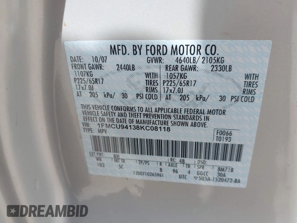 2008 Ford Escape Limited with VIN 1FMCU94138KC08118, listed as a IAAI auction lot 41843469 with 151,520 mi miles. Bid and sale history available at carsss.com. Image 9.