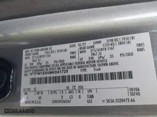 2021 Ford F-150 XL with VIN 1FTFW1E85MKD41725, listed as a IAAI auction lot 41631794 with 52,049 mi miles. Bid and sale history available at carsss.com. Image 9.