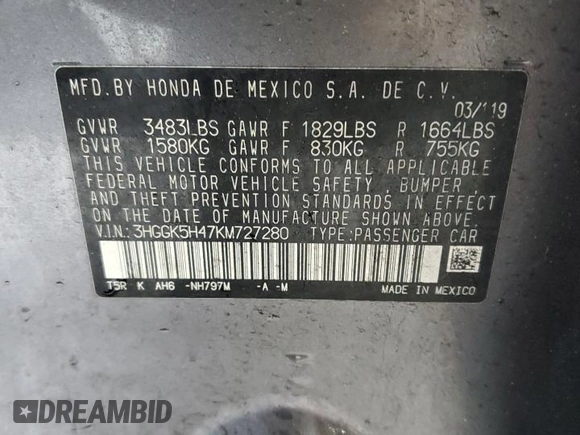 2019 Honda Fit LX with VIN 3HGGK5H47KM727280, listed as a Copart auction lot 57719915 with 38,782 mi miles and Salvage title. Bid and sale history available at DreamBid. Image 12.