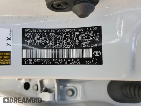 2024 Toyota Corolla LE z VIN JTDB4MEE3R3022112, wystawiony jako Copart lot #57674255 z przebiegiem 21 333 mil mil oraz Szkoda całkowita • Salvage title. Historia ofert i sprzedaży dostępna na DreamBid. Obrazek 12.