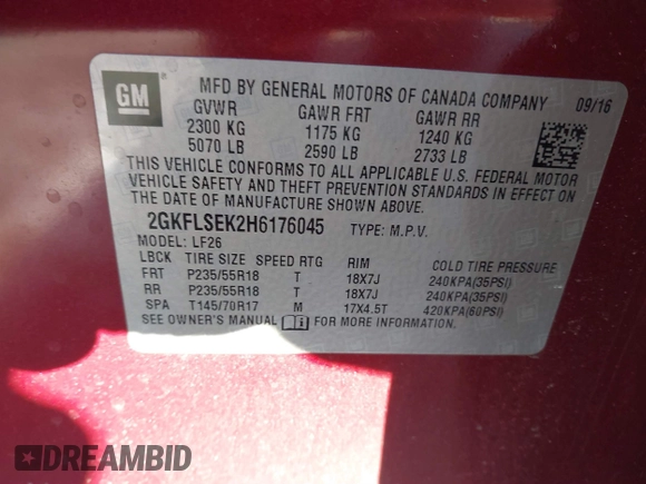 2017 GMC Terrain SLE with VIN 2GKFLSEK2H6176045, listed as a IAAI auction lot 41292556 with 107,321 mi miles. Bid and sale history available at carsss.com. Image 9.