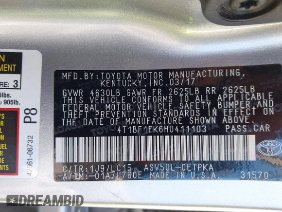 2017 Toyota Camry XLE z VIN 4T1BF1FK6HU411103, wystawiony jako IAAI lot #42233170 z przebiegiem 125 740 mil mil oraz . Historia ofert i sprzedaży dostępna na DreamBid. Obrazek 9.