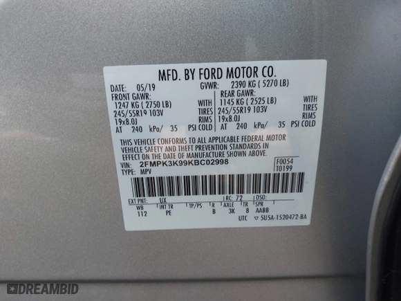 2019 Ford Edge Titanium with VIN 2FMPK3K99KBC02998, listed as a IAAI auction lot 41764680 with 150,338 mi miles. Bid and sale history available at carsss.com. Image 9.