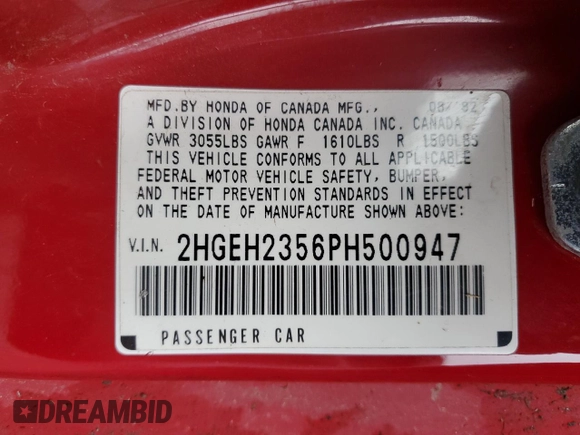 1993 Honda Civic CX with VIN 2HGEH2356PH500947, listed as a Copart auction lot 89210475 with 185,046 mi miles and Clean Title. Bid and sale history available at DreamBid. Image 12.