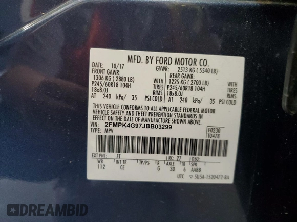 2018 Ford Edge SE with VIN 2FMPK4G97JBB03299, listed as a Copart auction lot 54494305 with 90,208 mi miles and Salvage title. Bid and sale history available at DreamBid. Image 13.
