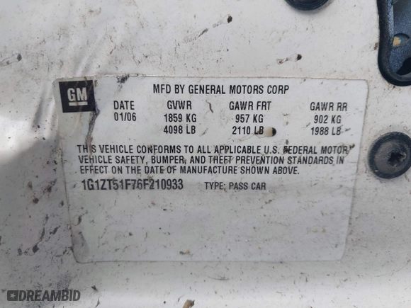 2006 Chevrolet Malibu LT w/0LT with VIN 1G1ZT51F76F210933, listed as a IAAI auction lot 41931641 with 195,079 mi miles. Bid and sale history available at carsss.com. Image 9.